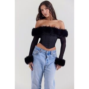 NEW House of CB Merle Faux Fur Trim Top Black XS
